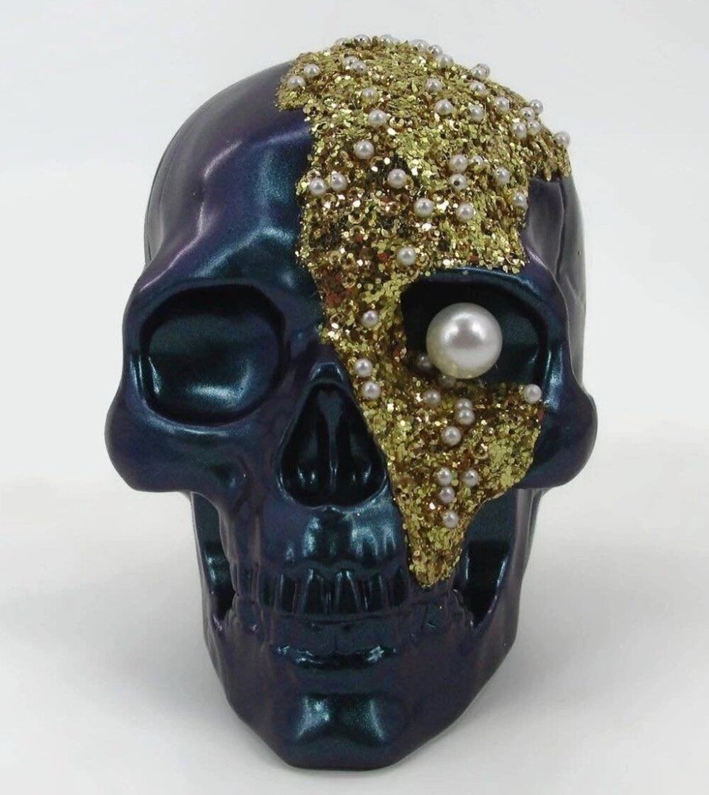 Target Halloween Decor Skull Metallic Blue & Gold Faux Peal Accent NEW